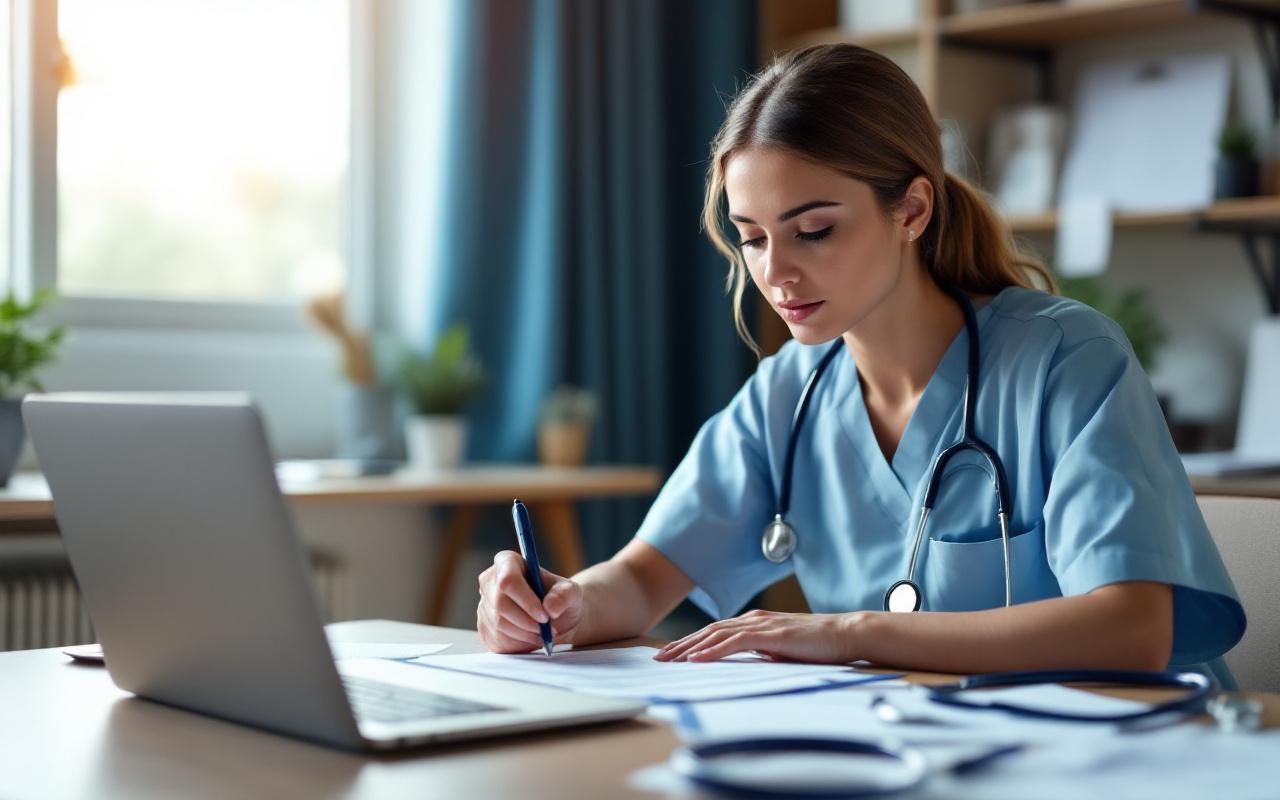 Une infirmière assise à son bureau, lisant attentivement un contrat d'assurance santé, entourée de papiers, d'un ordinateur portable et d'un stéthoscope, baignée d'une lumière douce et naturelle.
