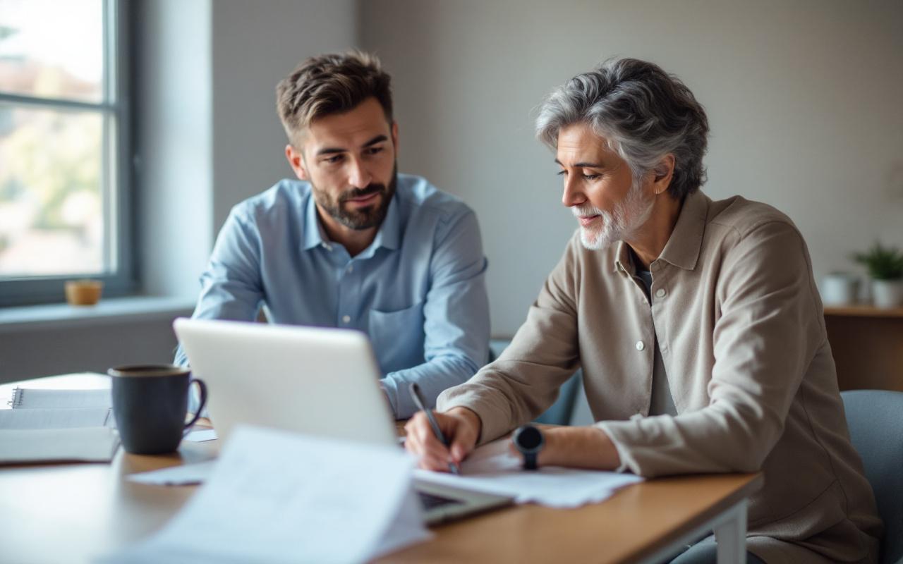 Un physiothérapeute consulte un courtier en assurances dans un bureau moderne, échangeant autour de documents et d'un ordinateur portable. Lumière naturelle douce, tons bois chauds et bleus atténués, ambiance professionnelle et détendue.