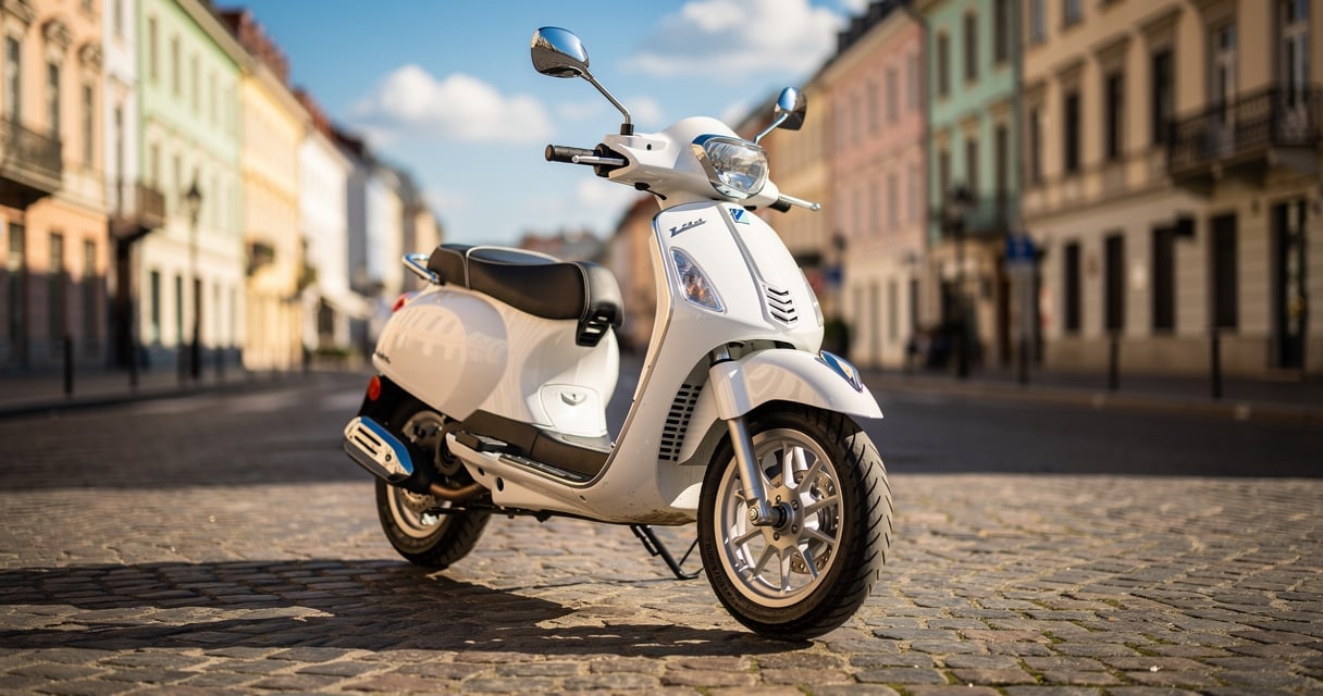 Scooter 50cc garé dans une rue de ville ensoleillée