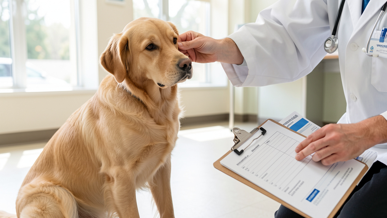 Un chien calme dans une clinique vétérinaire lumineuse, avec une ambiance rassurante, et des documents médicaux vierges près du dossier.