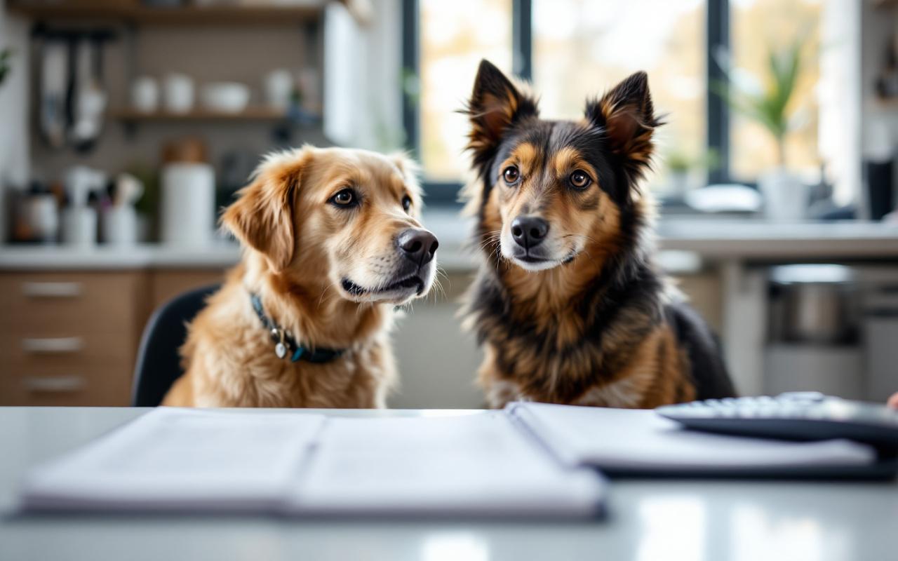 Un chien dans un cabinet vétérinaire, avec un carnet de soins, une calculatrice et des factures sur la table.