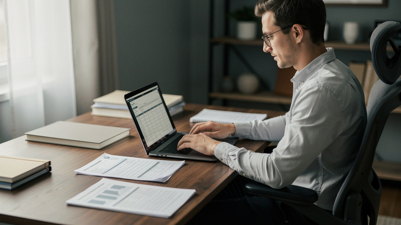 Un indépendant travaille à son bureau à domicile, analyse des contrats de prévoyance avec des documents financiers et utilise un ordinateur portable.