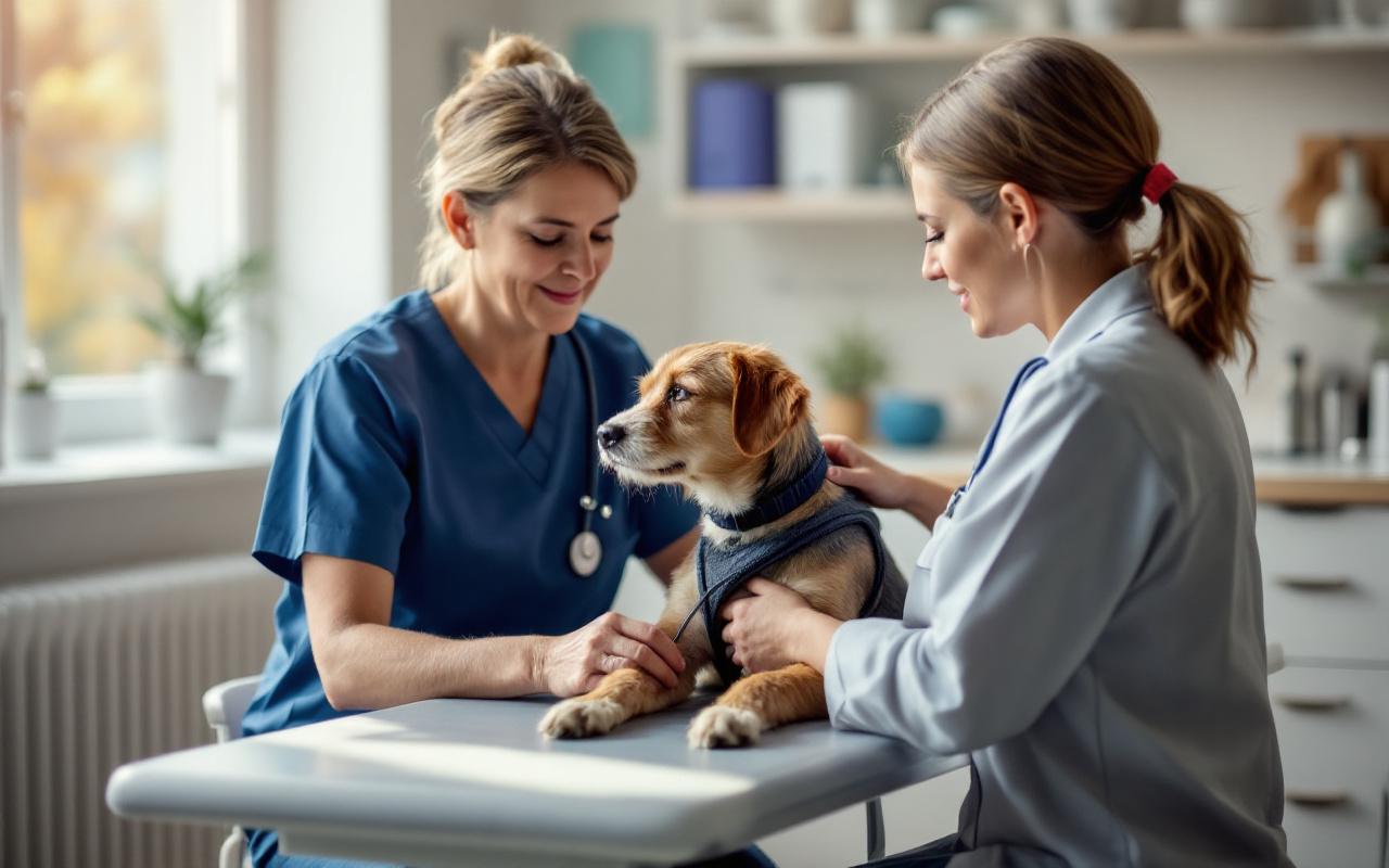 Une propriétaire et son chien dans une clinique vétérinaire, pendant une consultation de suivi pour une maladie chronique.
