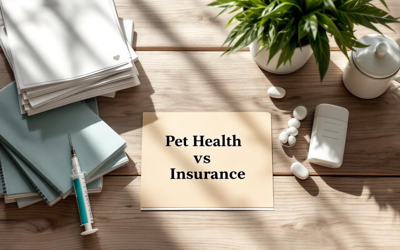 Tableau comparatif sur une table en bois avec documents d’assurance santé pour chien, ordonnance vétérinaire et accessoires comme une seringue doseuse, un organiseur à pilules et un carnet de vaccination.