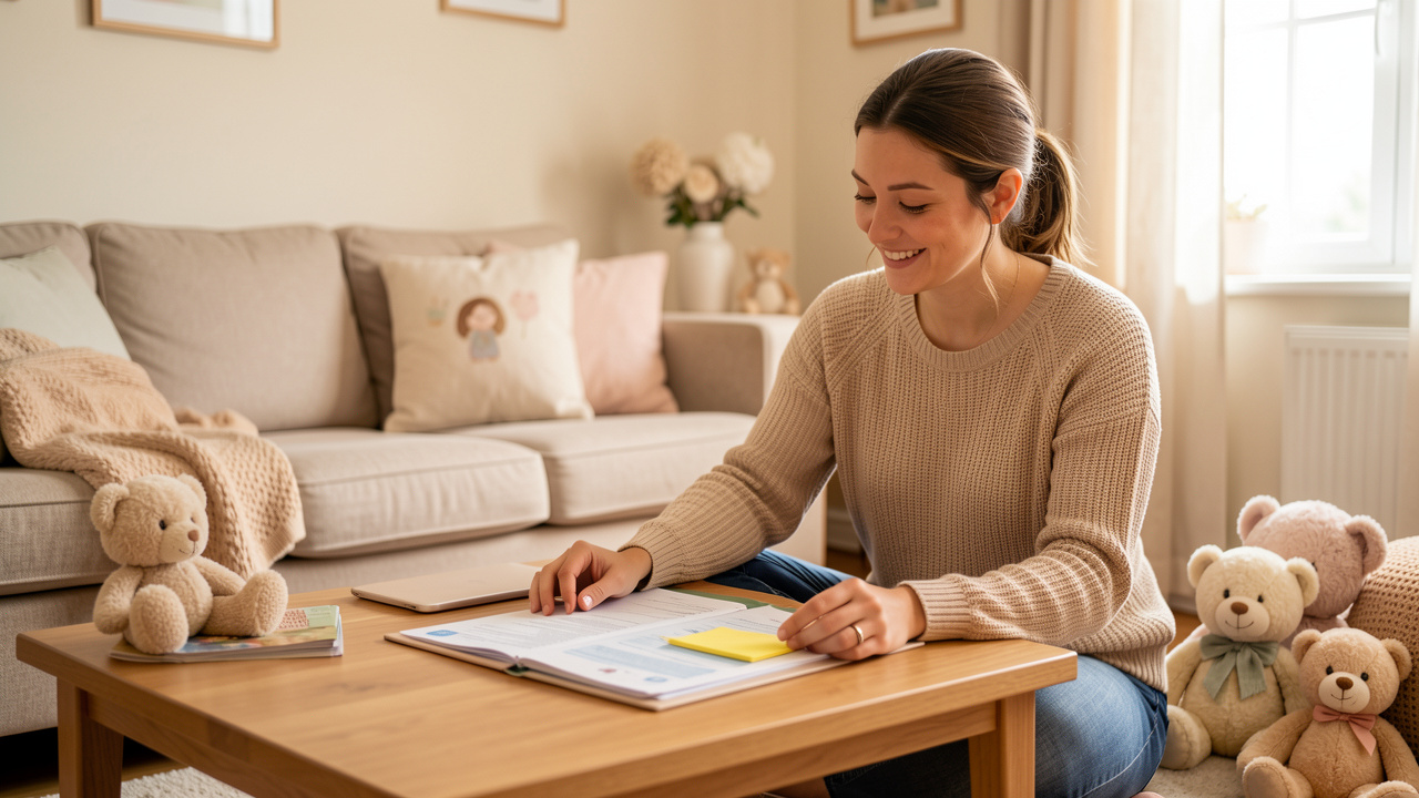 Une assistante maternelle installe un dossier d’assurance organisé sur une table basse dans un salon familial chaleureux, avec une lumière douce et une ambiance rassurante.