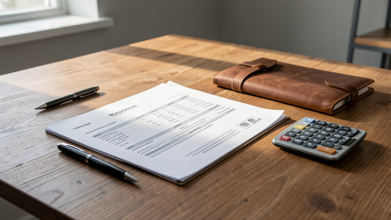 Bureau moderne et indépendant avec documents financiers soigneusement rangés sur un bureau en bois, éclairage naturel doux par une fenêtre, ambiance professionnelle rassurante.