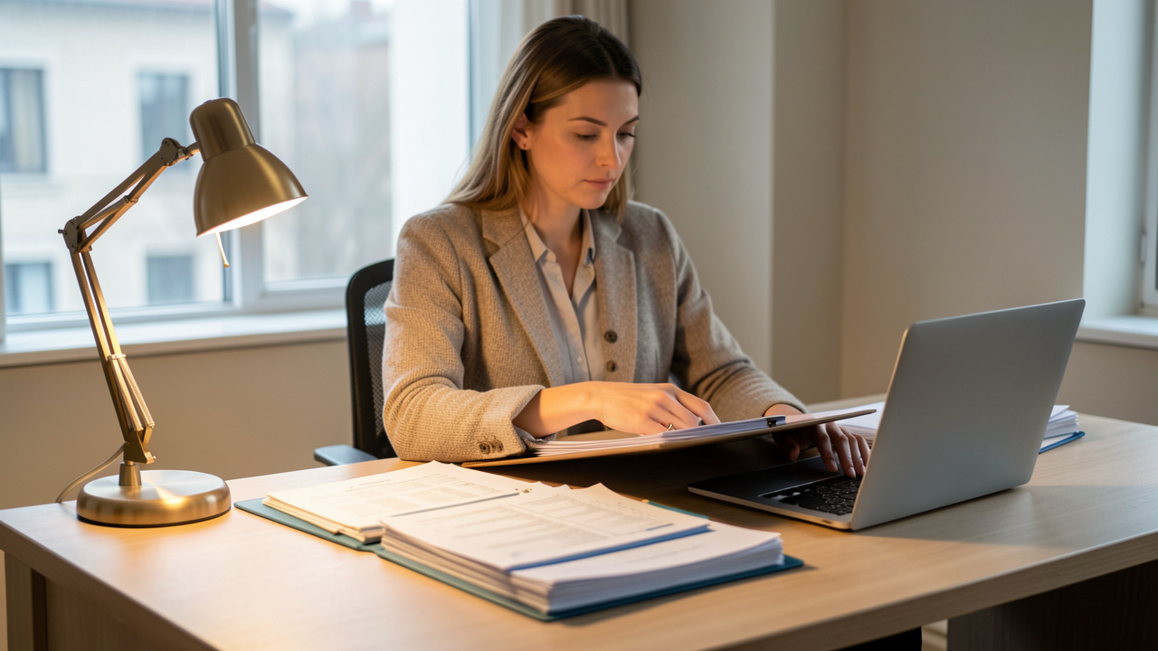 Une femme indépendante assise à un bureau soigné, examinant des documents financiers rangés avec soin sur un bureau, dans une ambiance lumineuse et professionnelle.