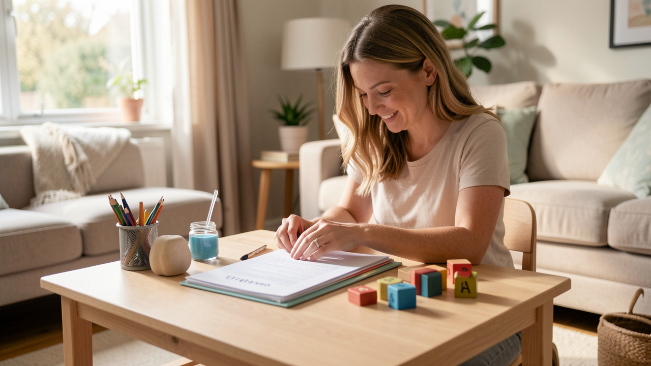 Une femme qui travaille auprès des jeunes enfants à domicile, range un dossier de santé et des jouets discrets sur une table, dans une ambiance chaleureuse et rassurante.