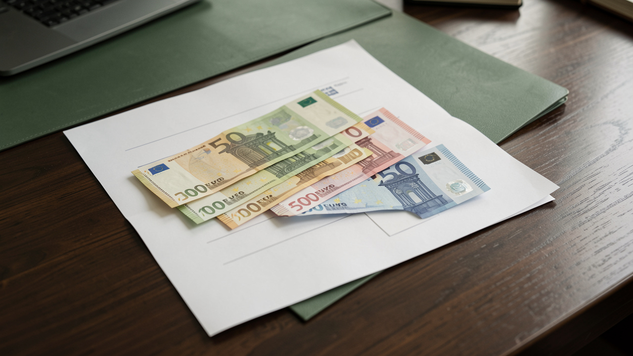 Billets en euros posés sur un document vierge lié à une échéance d’assurance, dans une ambiance bancaire sobre et réaliste.