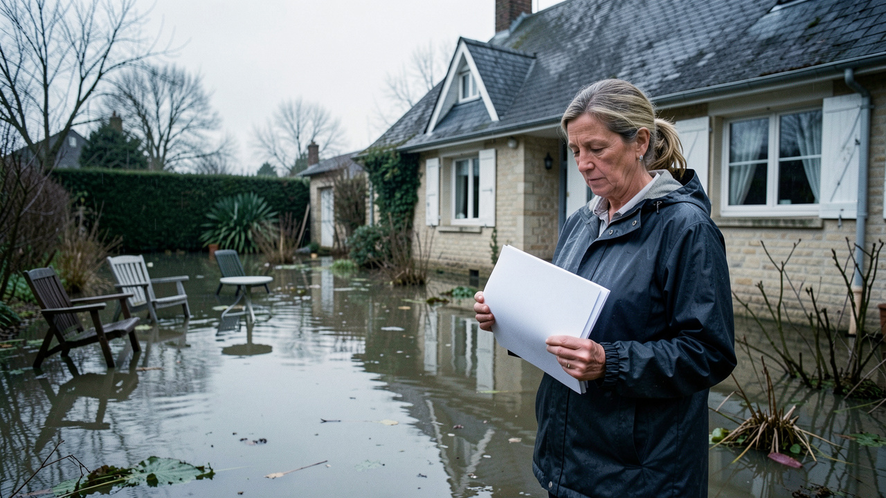 Une femme observe les dégâts causés par une inondation autour d’une maison individuelle française, en tenant un dossier d’assurance sans inscription visible.