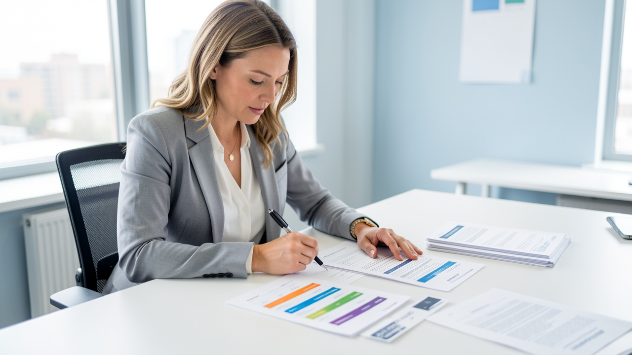 Femme comparant plusieurs documents de garanties de mutuelle santé sur un bureau clair et professionnel.