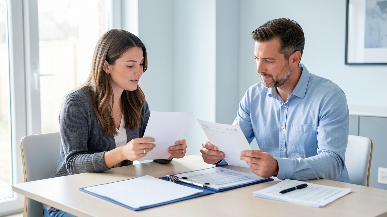 Un couple examine ensemble des documents vierges liés aux remboursements de santé et à une complémentaire santé, dans une ambiance claire et professionnelle.