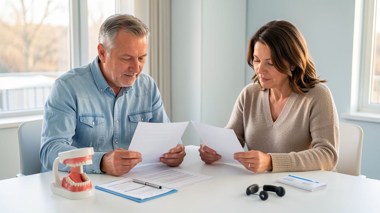 Couple consultant des documents vierges de complémentaire santé autour d’une table lumineuse, avec un modèle dentaire, une enveloppe d’ordonnance et un appareil auditif.