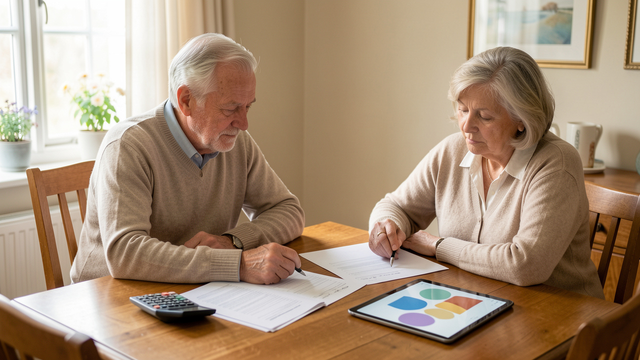 Un couple de retraités examine sereinement un budget de santé avec des documents vierges, une calculatrice et une tablette à table.