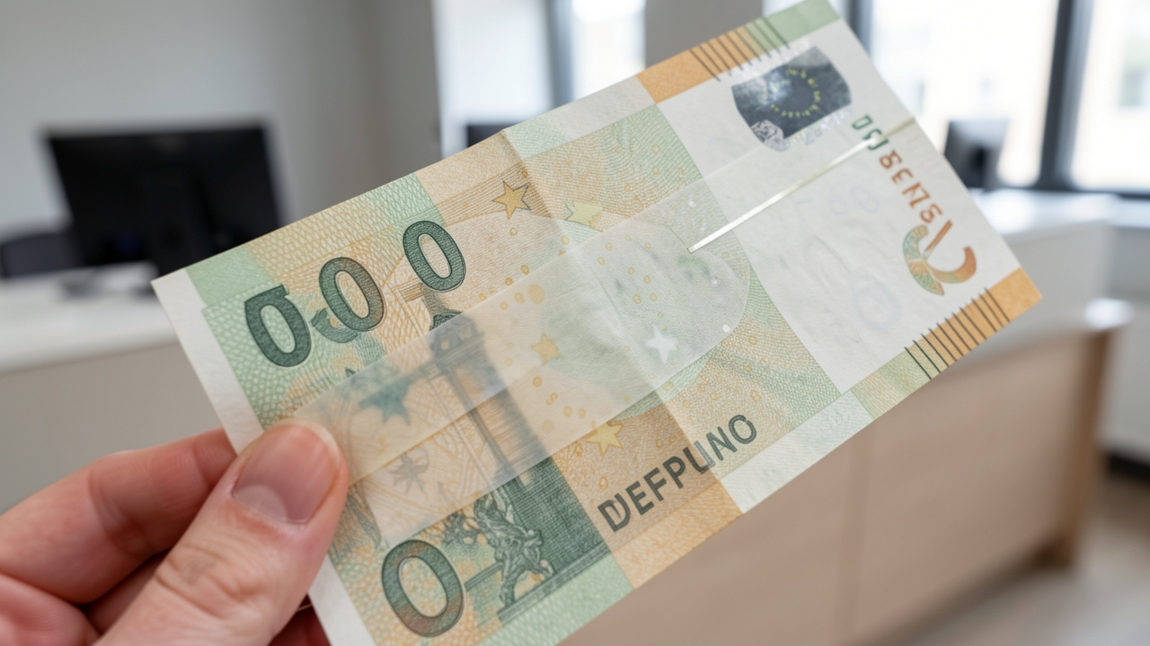 Gros plan réaliste d’un billet européen tenu devant une lumière douce, avec le filigrane et le fil de sécurité visibles sur un comptoir bancaire sobre.