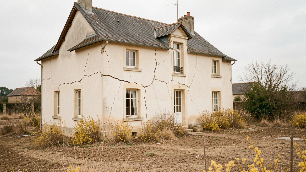 Maison individuelle française avec des fissures visibles sur la façade, entourée d’un sol sec et de végétation jaunie.