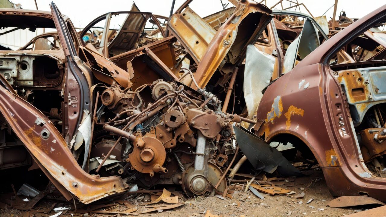 Vue d’une casse automobile avec des voitures hors d’usage alignées dans les Yvelines.
