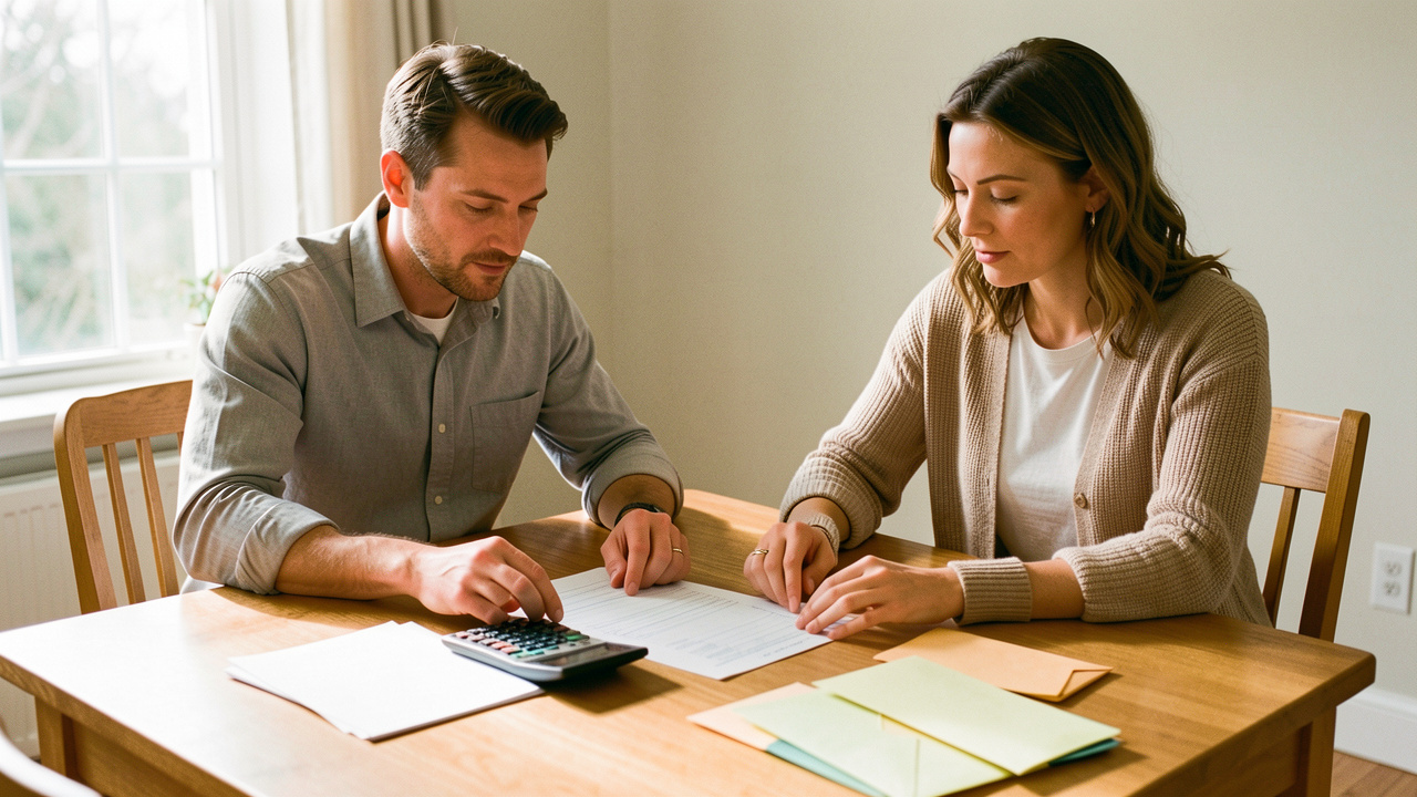 Un homme et une femme consultent calmement leur budget familial autour d’une table lumineuse, avec des documents financiers et une calculatrice.