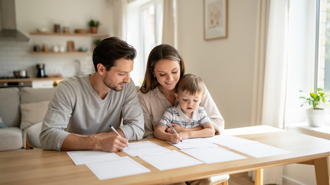 Un homme et une femme examinent avec leur jeune enfant des documents vierges de prévoyance autour d’une table lumineuse à domicile, dans une ambiance rassurante.