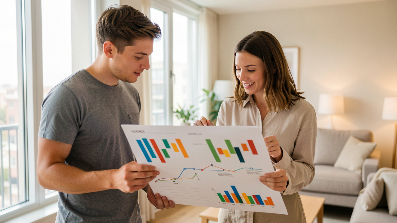 Un jeune couple, un homme et une femme, étudie un tableau visuel de planification financière dans un intérieur lumineux et moderne.