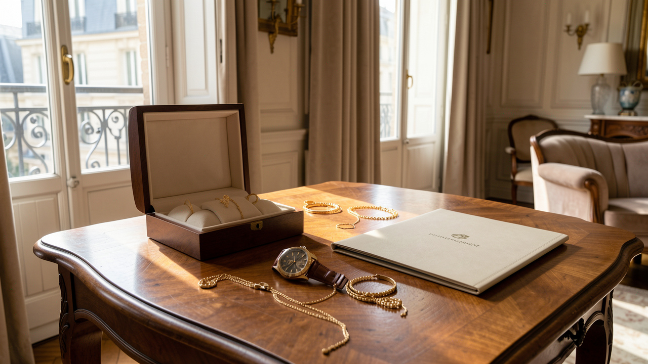 Intérieur élégant d’un appartement français avec des bijoux, une montre haut de gamme et un dossier d’assurance habitation fermé posés sur une table éclairée par la lumière naturelle.