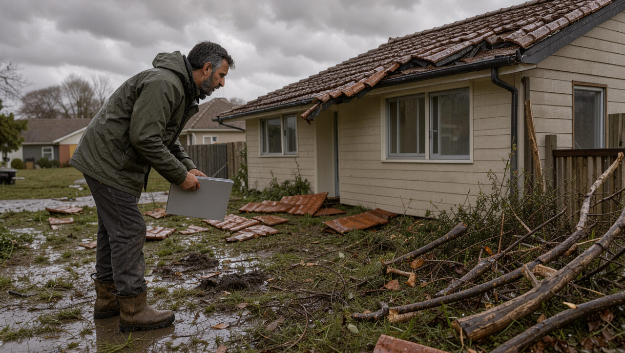 Un homme examine les dégâts causés par une forte tempête autour d’une maison individuelle, avec des tuiles déplacées et des branches tombées au sol.